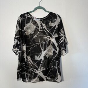 A Personal Touch Vintage Black White Floral Chiffon Blouse Kimono Sleeve Large